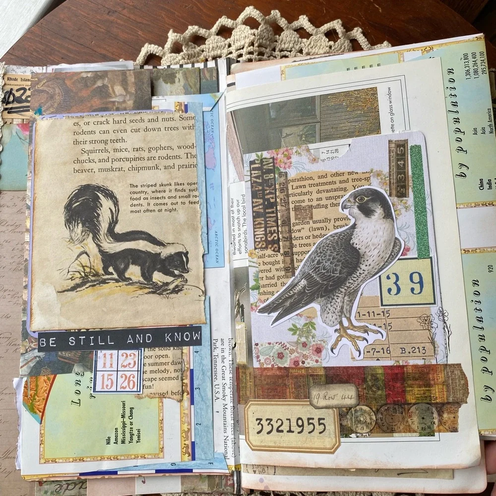 NWT Vintage Hand Crafted Mixed Media Lady & Birds Art in Green and Brown